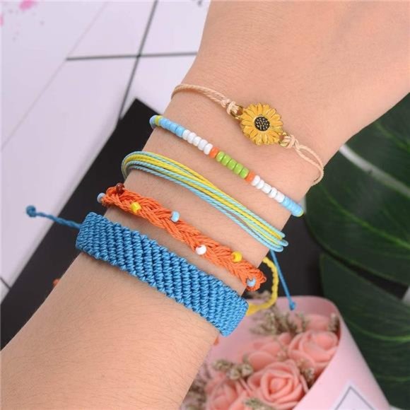 5PCS Boho Woven Sunflower Bracelets for Women Teens Girls Boy Couple Wrap Rope - Picture 2 of 6